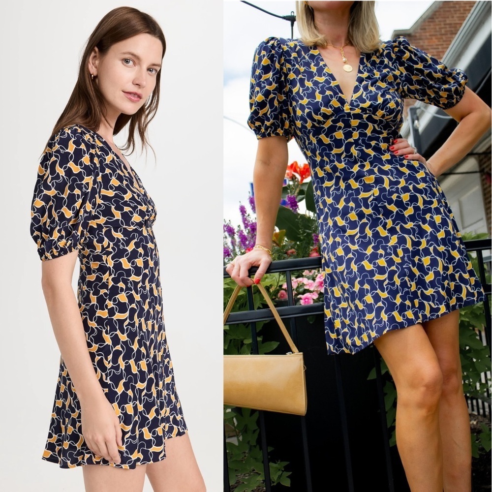 STAUD 90s Navy Abstract Print Puff Short Sleeve V-Neck Empire Waist Dress 10 - Picture 2 of 7